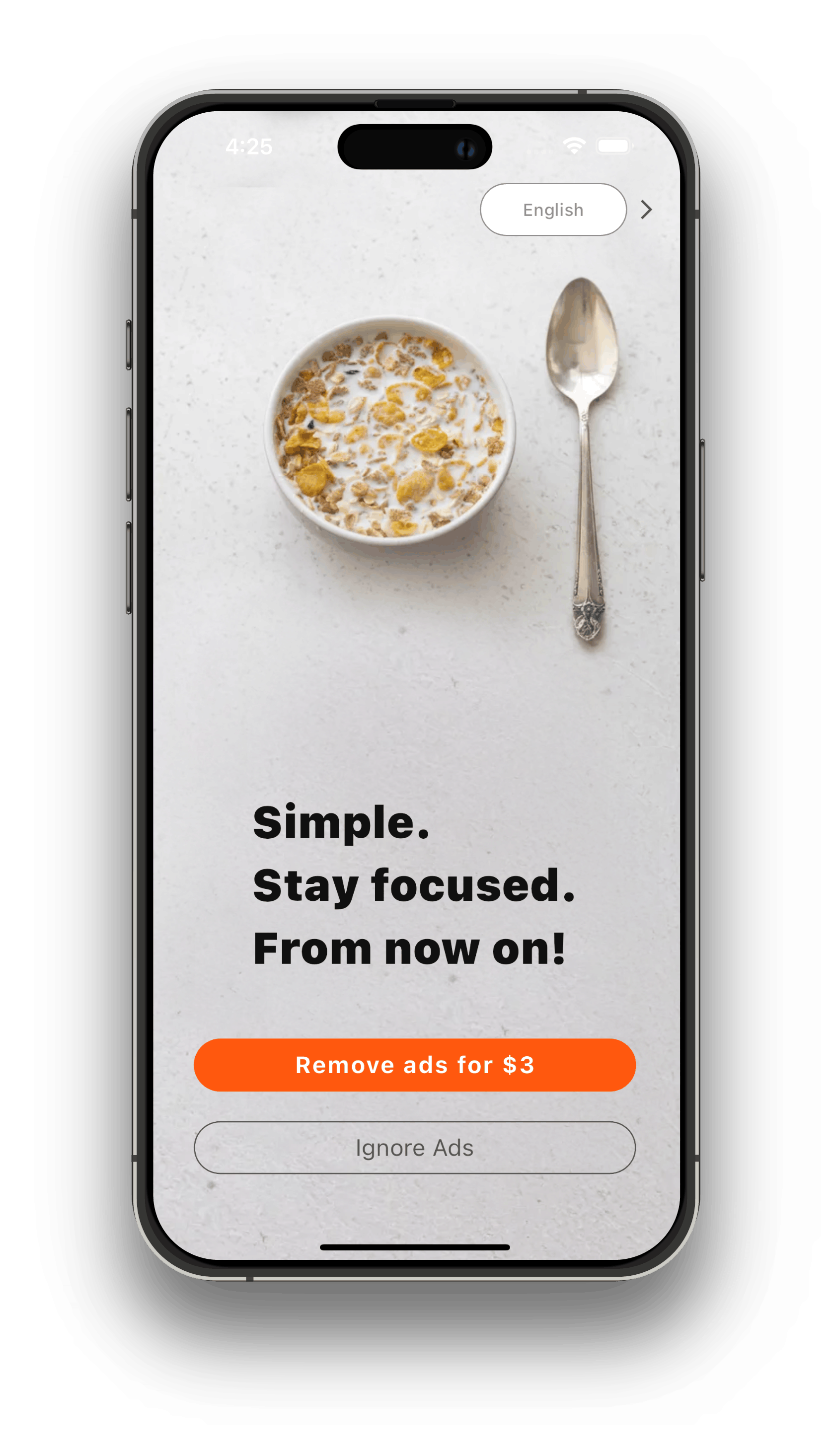 Focus One on iPhone, showing the single-task focus timer surface